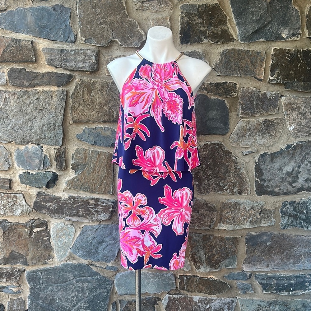 Lilly Pulitzer 'Lucia' Dress in Bright Navy Via Sunny Engineered Floral Size XS - Picture 3 of 9